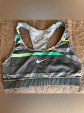 Nike Gray Sports Bra with Green and Neon Yellow Stripes